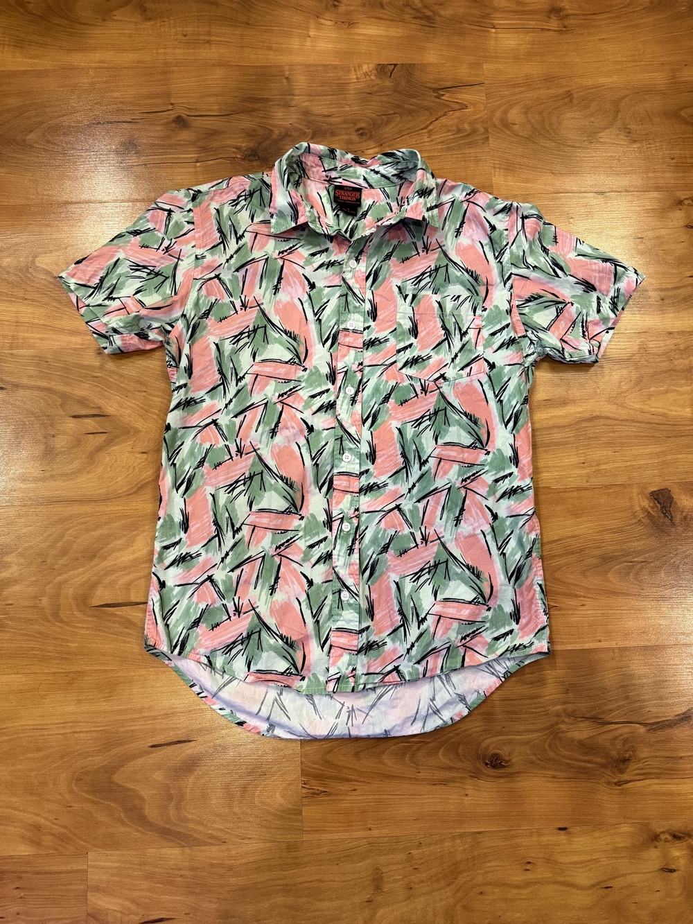 Stranger Things Men's Short-Sleeve Button Down Shirt - Pink & Green Sz S